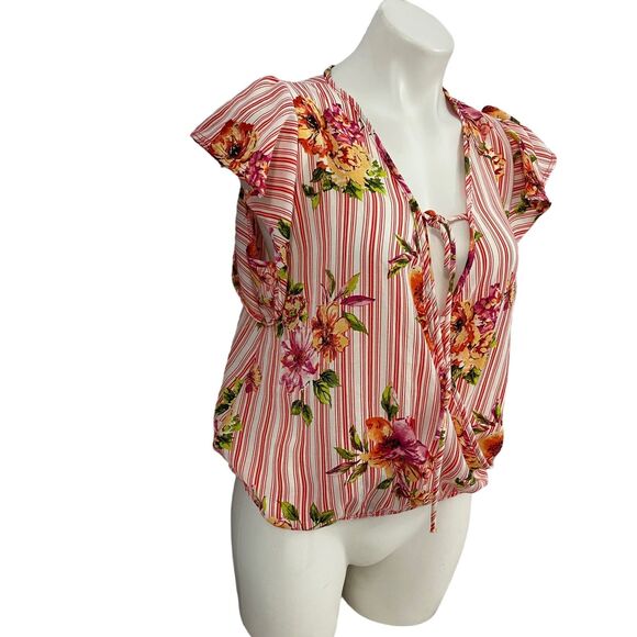 The Outfit Blouse Womens Medium Stripe Floral Surplice Work Office Beach Coastal - Picture 9 of 15